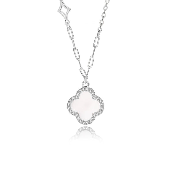 Silver Fourleaf Clover Women's Necklace Geometric Design Cross Chain