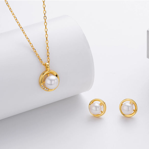 Silver Freshwater Pearl Pendant Clavicle Chain And Earrings For Women Electroplating Princess Style