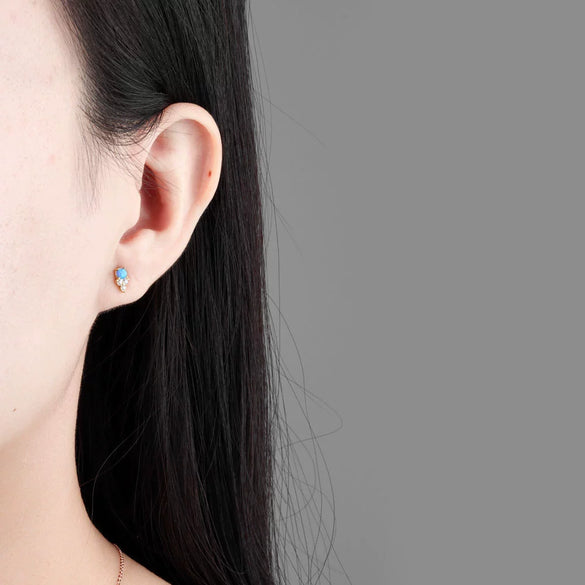 925 Silver Geometric Blue Opal Inlaid Stacked Earrings For Women Electroplated Minimalist Fashion Jewelry