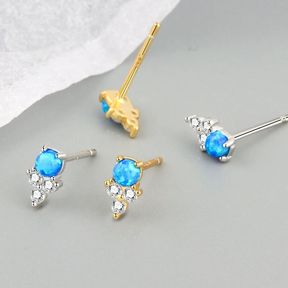 925 Silver Geometric Blue Opal Inlaid Stacked Earrings For Women Electroplated Minimalist Fashion Jewelry
