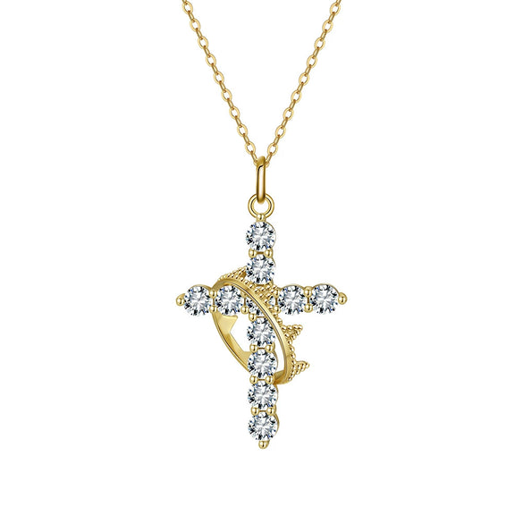 Silver Geometric Crown Cross Clavicle Necklace For Women With Electroplating