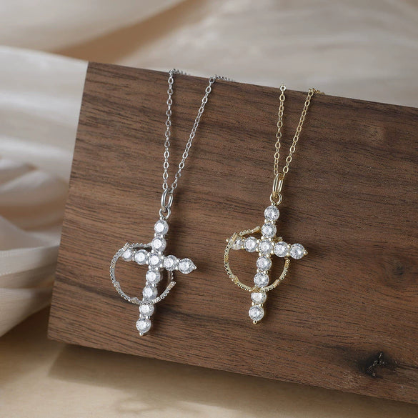 Silver Geometric Crown Cross Clavicle Necklace For Women With Electroplating