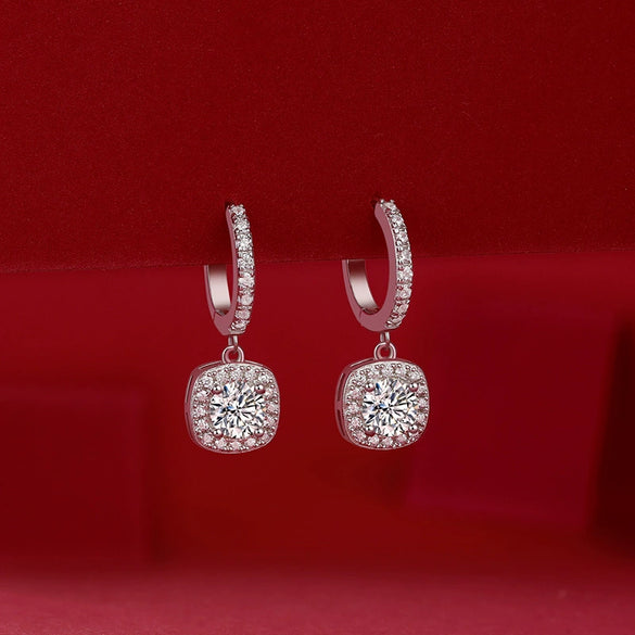 Silver 925 Geometric Long Square Moissanite Inlay Women's Earrings Retro Elegant Style