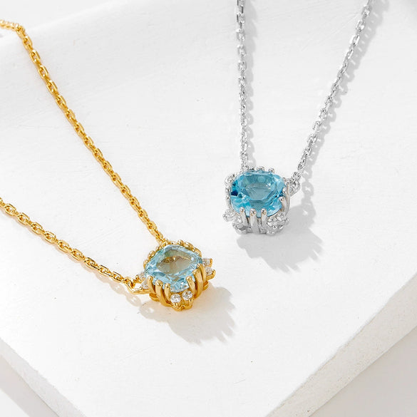 Silver Geometric Round Natural Topaz Pendant Necklace Cross Chain
