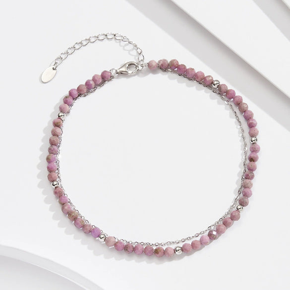 Silver Geometric Simple Style Women's Anklet With S925 Gold Beads And Purple Mica Double Chain
