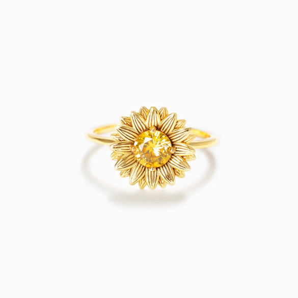 Silver Geometric Sunflower Ring With Gold Foil And Zircon Electroplating For Women