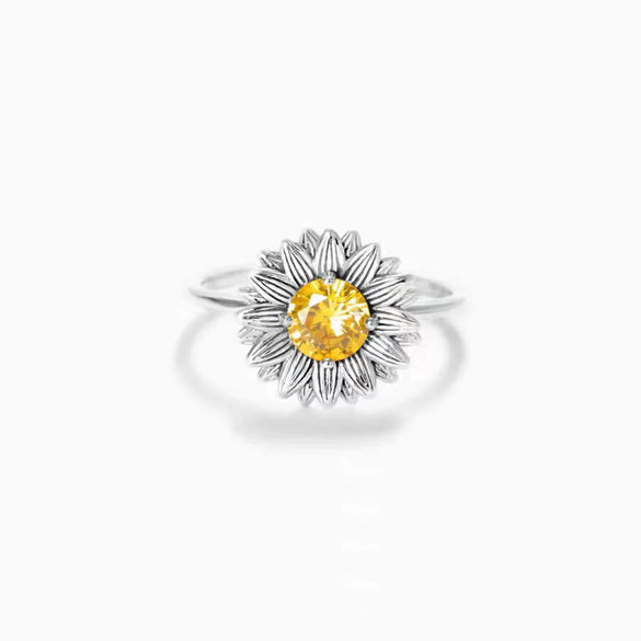 Silver Geometric Sunflower Ring With Gold Foil And Zircon Electroplating For Women