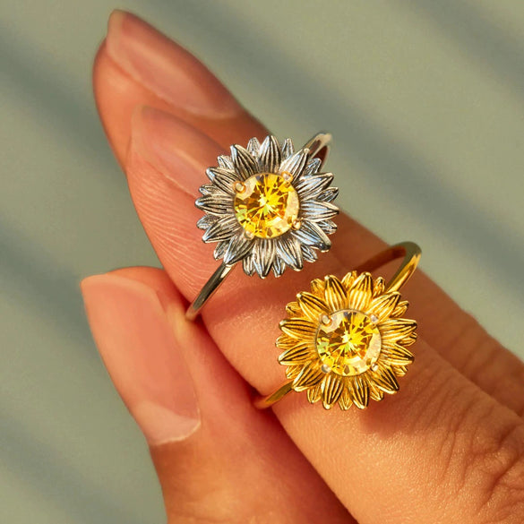 Silver Geometric Sunflower Ring With Gold Foil And Zircon Electroplating For Women