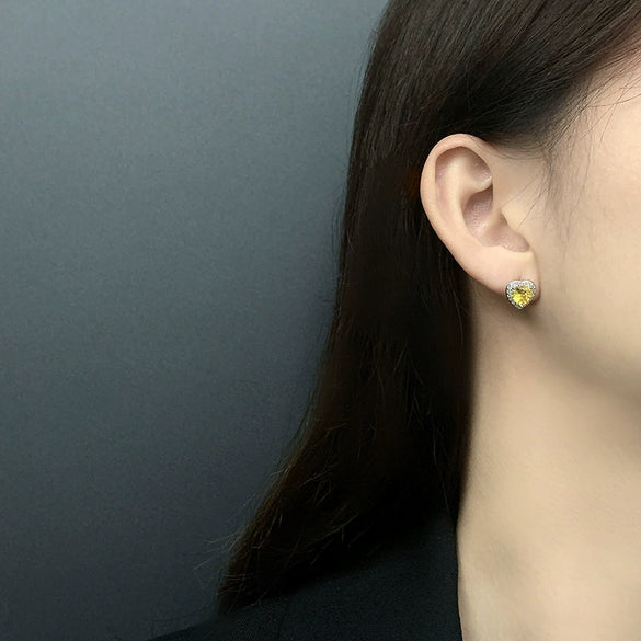 Silver Heart Shape Earrings With Yellow Diamond Studs Hypoallergenic Jewelry