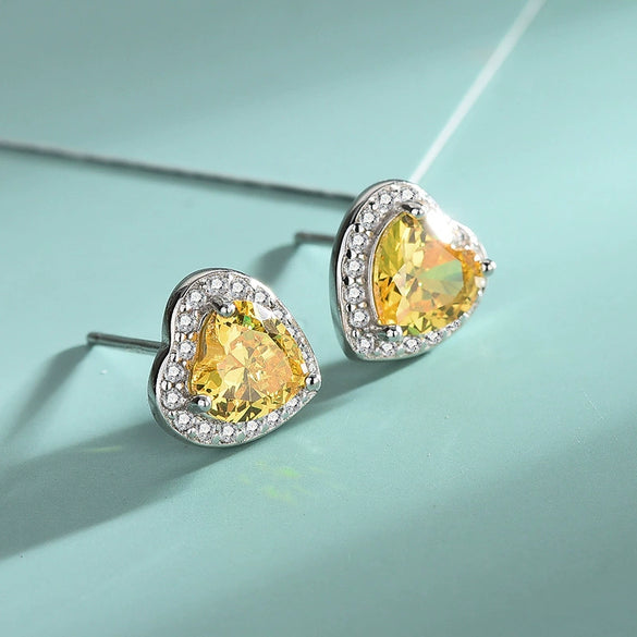 Silver Heart Shape Earrings With Yellow Diamond Studs Hypoallergenic Jewelry