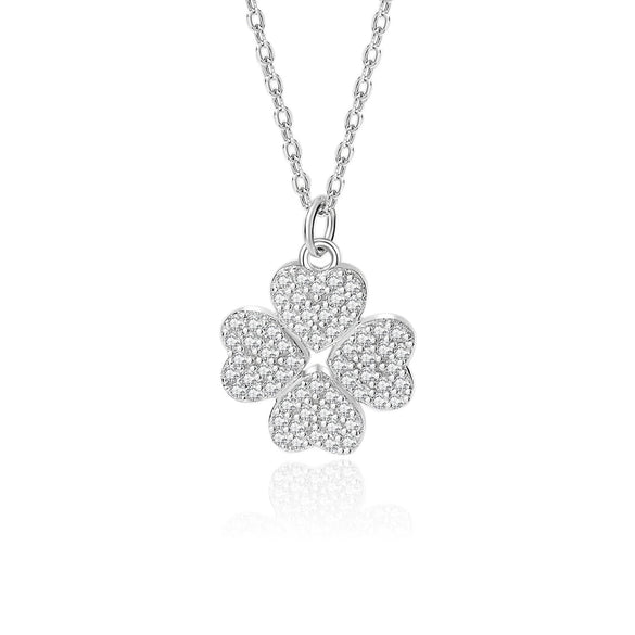 Silver Heartshaped Fourleaf Clover Necklace With Microinlaid Diamond
