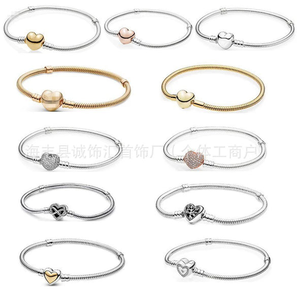 925 Silver Heartshaped Snake Chain Bracelet With Geometric Design In Gold Tone And Rose Gold Tone For Women And Men
