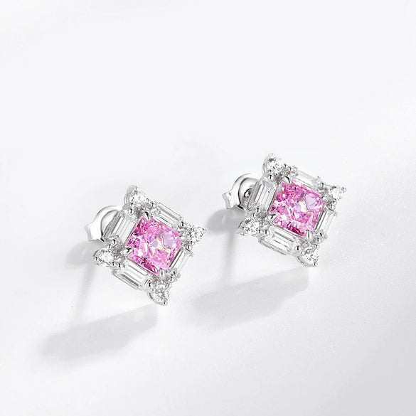 Silver 925 High Carbon Diamond Geometric Square Women's Earrings Set With Precious Stones