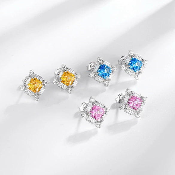 Silver 925 High Carbon Diamond Geometric Square Women's Earrings Set With Precious Stones