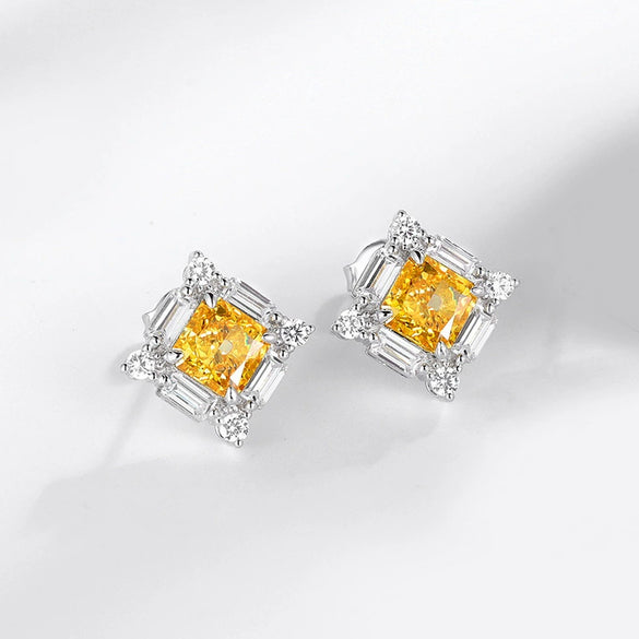 Silver 925 High Carbon Diamond Geometric Square Women's Earrings Set With Precious Stones