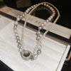 Silver Imitation Pearls And Zircon Geometric Clavicle Necklace For Women Set With Pearls