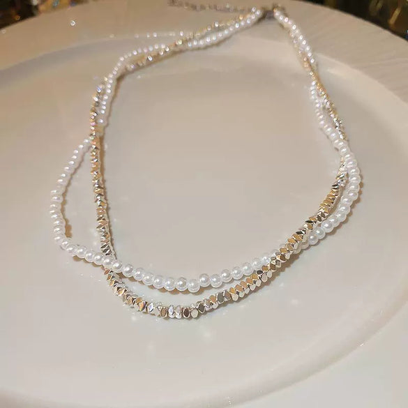 Silver Imitation Pearls And Zircon Geometric Clavicle Necklace For Women Set With Pearls