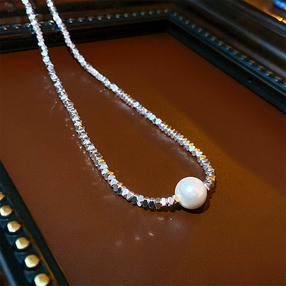 Silver Imitation Pearls And Zircon Geometric Clavicle Necklace For Women Set With Pearls