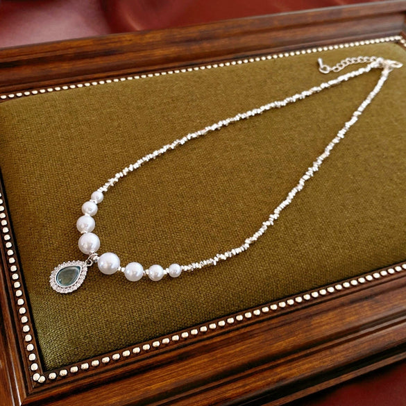 Silver Imitation Pearls And Zircon Geometric Clavicle Necklace For Women Set With Pearls