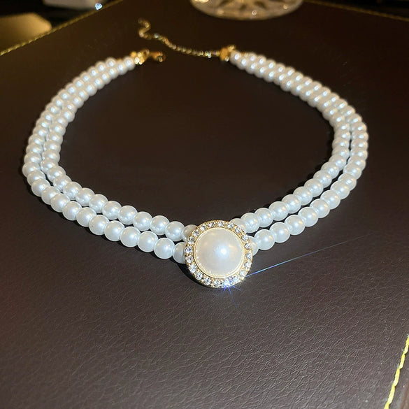 Silver Imitation Pearls And Zircon Geometric Clavicle Necklace For Women Set With Pearls