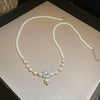 Silver Imitation Pearls And Zircon Geometric Clavicle Necklace For Women Set With Pearls