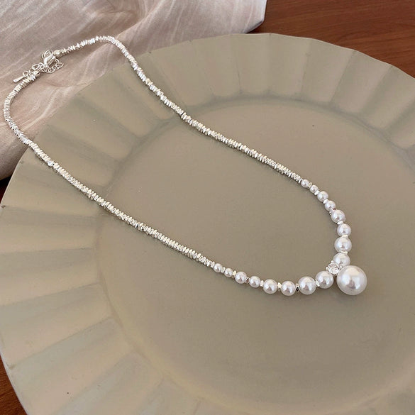 Silver Imitation Pearls And Zircon Geometric Clavicle Necklace For Women Set With Pearls