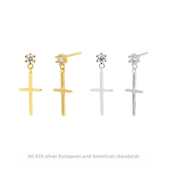 Silver Inlaid Zircon Cross Geometric Women's Earrings