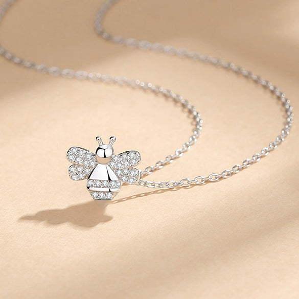 Silver Jewelry Bee Pendant Necklace With Geometric Design And Diamond Treatment For Women