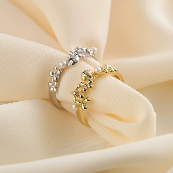 Silver Jewelry Women's Elegant Geometric And Shell Flower Ring With Electroplating