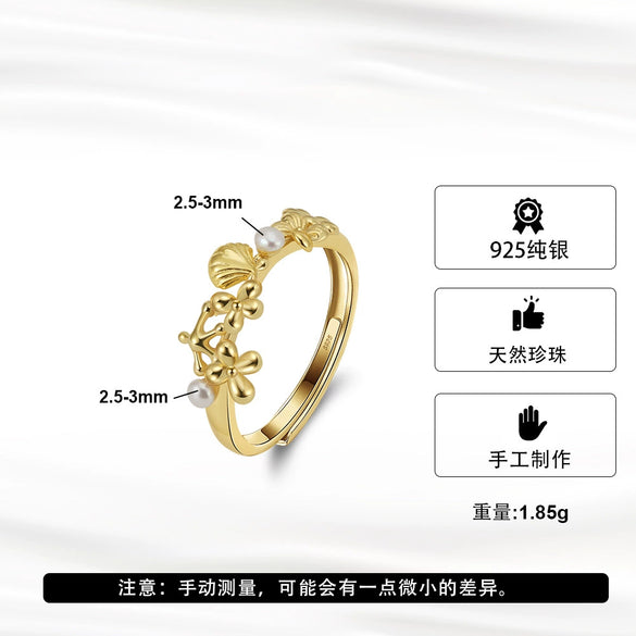 Silver Jewelry Women's Elegant Geometric And Shell Flower Ring With Electroplating