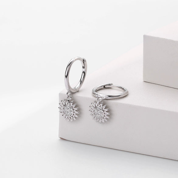 Silver Microinlaid Zircon Sunflower Earrings For Women