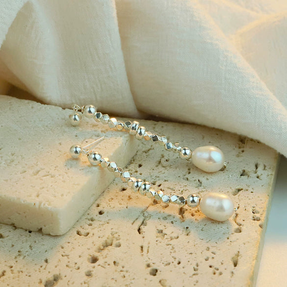 925 Silver Natural Freshwater Pearl Geometric Elegant Handmade Women's Earrings