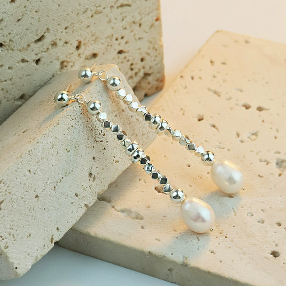 925 Silver Natural Freshwater Pearl Geometric Elegant Handmade Women's Earrings