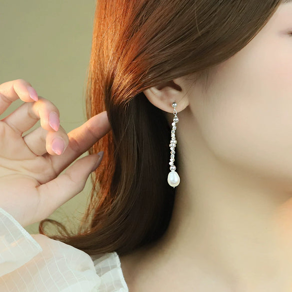 925 Silver Natural Freshwater Pearl Geometric Elegant Handmade Women's Earrings