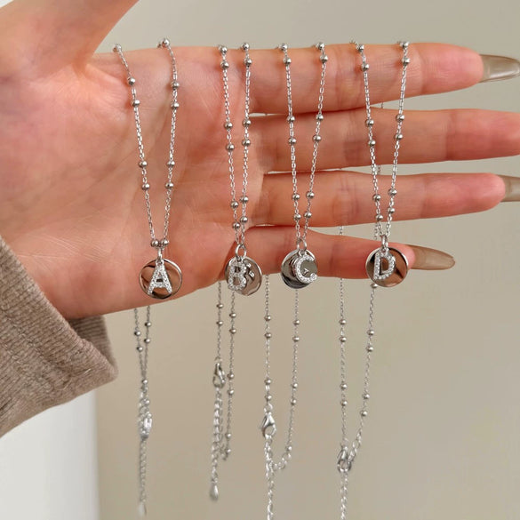 Silver Necklace Light Luxury Geometric Letter Pendant Ball Chain Electroplated