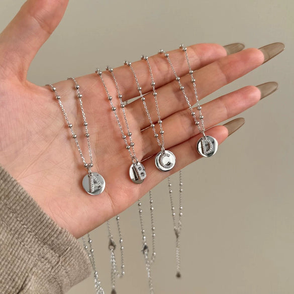 Silver Necklace Light Luxury Geometric Letter Pendant Ball Chain Electroplated