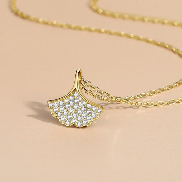 Silver Necklace Women's Mori Style Ginkgo Leaves Cross Chain With Geometric Pattern