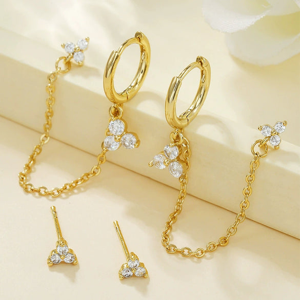 Silver Needle Accessible Luxury Style Earrings Set With Copper Clover Tassel Pendant And Zirconia Leaves Pattern