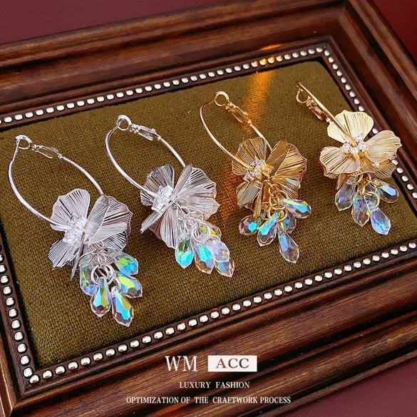 Silver Needle Artificial Crystal Flower Geometric Earrings Electroplated With Real Gold For Women