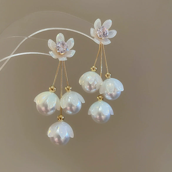 Silver Needle Artificial Crystal Flower Tassel Handmade Women's Earrings