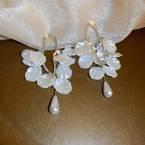 Silver Needle Artificial Crystal Flower Tassel Handmade Women's Earrings
