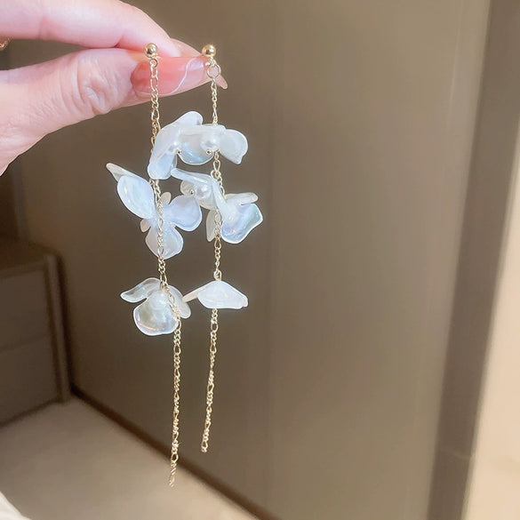 Silver Needle Artificial Crystal Flower Tassel Handmade Women's Earrings