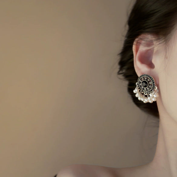 Silver Needle Artificial Pearl Earrings With Diamond And Geometric Pattern Retro Ethnic Style