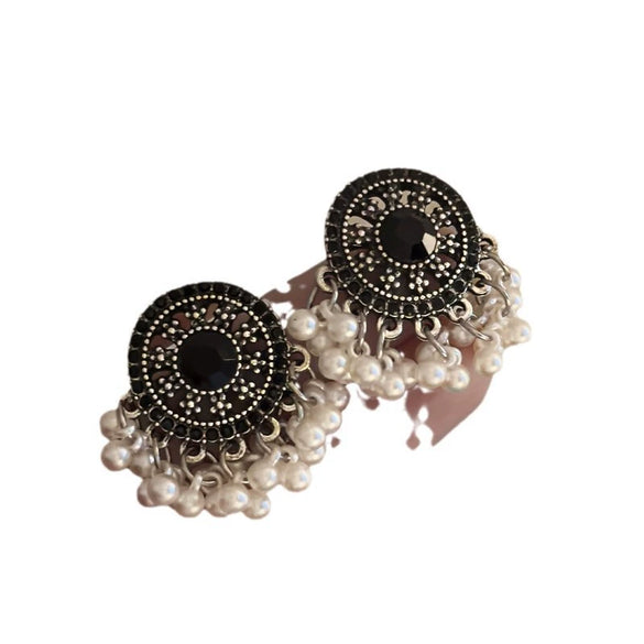 Silver Needle Artificial Pearl Earrings With Diamond And Geometric Pattern Retro Ethnic Style
