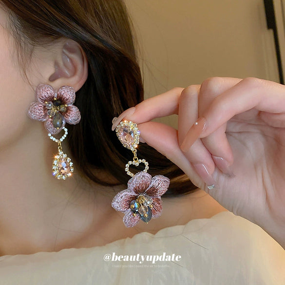 Silver Needle Asymmetric Water Drop Glass Glazed Bead Flower Earrings For Women Set With Diamonds Highend