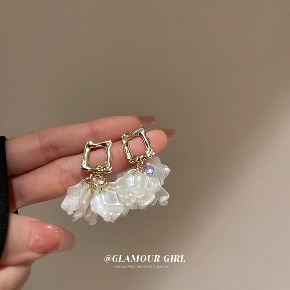 Silver Needle Earrings With Diamond Inlaid Imitation Pearl Petals And Tassel Geometric Shape High End And Versatile Design