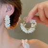 Silver Needle Earrings With Diamond Inlaid Imitation Pearl Petals And Tassel Geometric Shape High End And Versatile Design