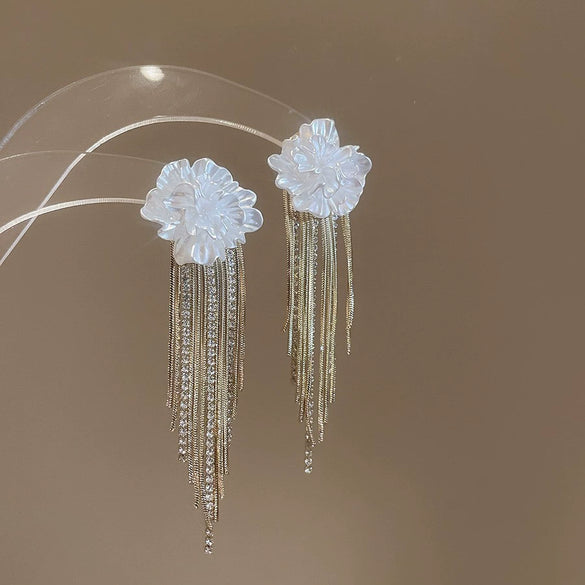 Silver Needle Earrings With Diamond Inlaid Imitation Pearl Petals And Tassel Geometric Shape High End And Versatile Design