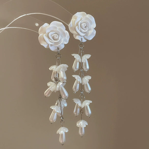 Silver Needle Earrings With Diamond Inlaid Imitation Pearl Petals And Tassel Geometric Shape High End And Versatile Design