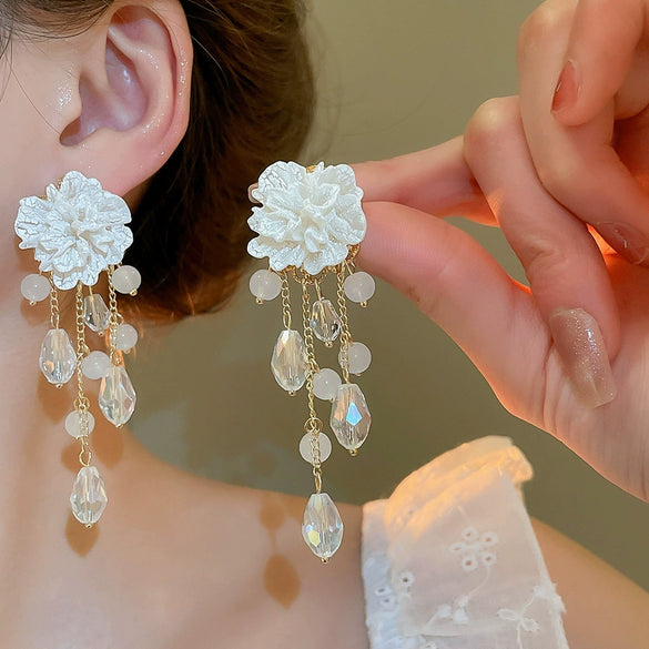 Silver Needle Earrings With Diamond Inlaid Imitation Pearl Petals And Tassel Geometric Shape High End And Versatile Design